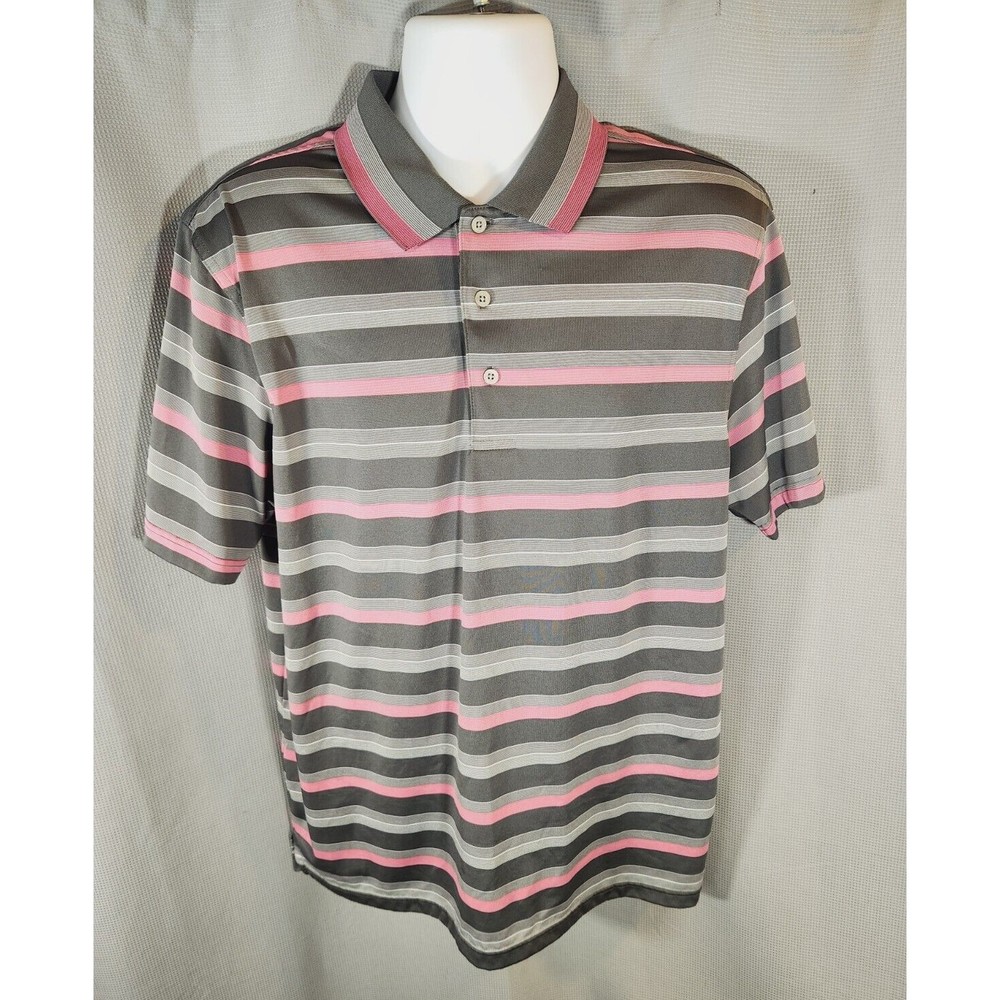 PGA Tour Pro Series Shirt Mens XL 3 Button Polo Collared Gray‎ Pink Striped